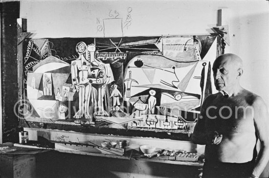 Pablo Picasso painting "La plage à la Garoupe I" for the film "Le mystère Picasso". Nice, Studios de la Victorine, 1955. - Photo by Edward Quinn