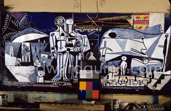 The making of "La plage à la Garoupe I" for the film "Le mystère Picasso". Nice, Studios de la Victorine, 1955. - Photo by Edward Quinn