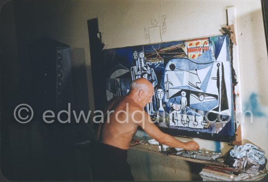 Pablo Picasso painting "La plage à la Garoupe I" for the film "Le mystère Picasso". Nice, Studios de la Victorine, 1955. - Photo by Edward Quinn