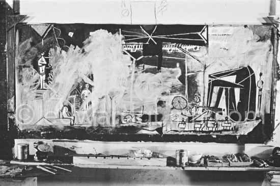 The making of "La plage à la Garoupe I" for the film "Le mystère Picasso". Nice, Studios de la Victorine, 1955. - Photo by Edward Quinn