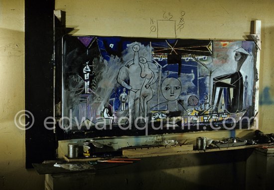 Pablo Picasso painting "La plage à la Garoupe I" for the film "Le mystère Picasso". Nice, Studios de la Victorine, 1955. - Photo by Edward Quinn