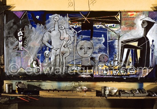 The making of "La plage à la Garoupe I" for the film "Le mystère Picasso". Nice, Studios de la Victorine, 1955. - Photo by Edward Quinn