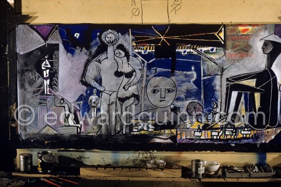 The making of "La plage à la Garoupe I" for the film "Le mystère Picasso". Nice, Studios de la Victorine, 1955. - Photo by Edward Quinn