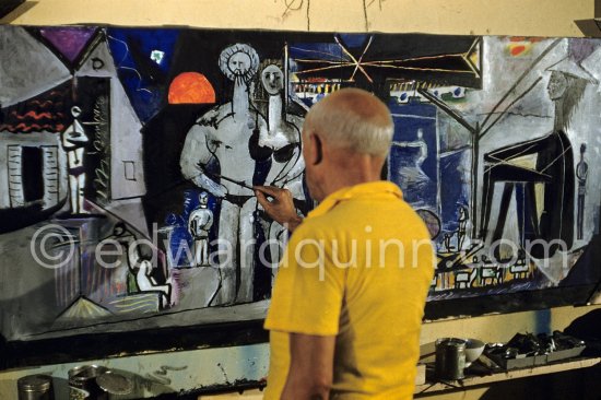 Pablo Picasso painting "La plage à la Garoupe I" for the film "Le mystère Picasso". Nice, Studios de la Victorine, 1955. - Photo by Edward Quinn