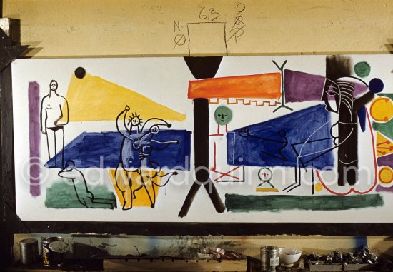 The making of "La plage à la Garoupe II" for the film "Le mystère Picasso". Nice, Studios de la Victorine, 1955. - Photo by Edward Quinn