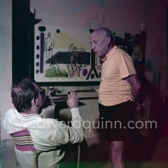 Pablo Picasso and Henri-Georges Clouzot. The making of "La plage à la Garoupe II" for the film "Le mystère Picasso". Nice, Studios de la Victorine, 1955. - Photo by Edward Quinn