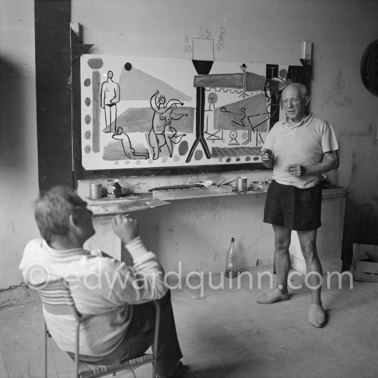 Pablo Picasso and Henri-Georges Clouzot. The making of "La plage à la Garoupe II" for the film "Le mystère Picasso". Nice, Studios de la Victorine, 1955. - Photo by Edward Quinn