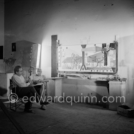 Pablo Picasso and Henri-Georges Clouzot. The making of "La plage à la Garoupe II" for the film "Le mystère Picasso". Nice, Studios de la Victorine, 1955. - Photo by Edward Quinn
