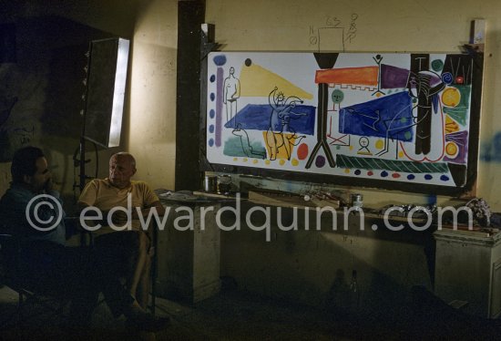 Pablo Picasso and Henri-Georges Clouzot. The making of "La plage à la Garoupe II" for the film "Le mystère Picasso". Nice, Studios de la Victorine, 1955. - Photo by Edward Quinn