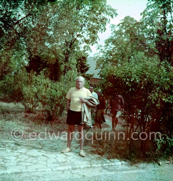 Pablo Picasso during the making of "La plage à la Garoupe I" for the film "Le mystère Picasso". Nice, Studios de la Victorine, 1955. - Photo by Edward Quinn