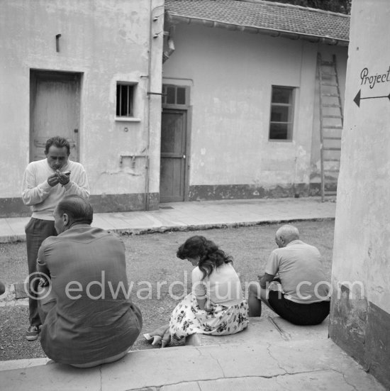 After a day's work. Pablo Picasso and Henri-Georges Cluzot. During filming of "Le mystère Picasso". Nice, Studios de la Victorine, 1955. - Photo by Edward Quinn