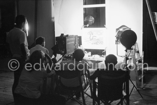 Pablo Picasso, Maya Picasso and Henri-Georges Clouzot. "Le mystère Picasso", Nice, Studios de la Victorine 1955. - Photo by Edward Quinn