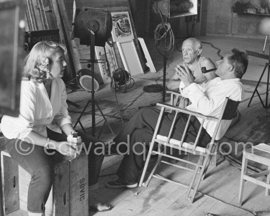 Pablo Picasso, Henri-Georges Clouzot and Maya Picasso. "Le mystère Picasso", Nice, Studios de la Victorine 1955. - Photo by Edward Quinn