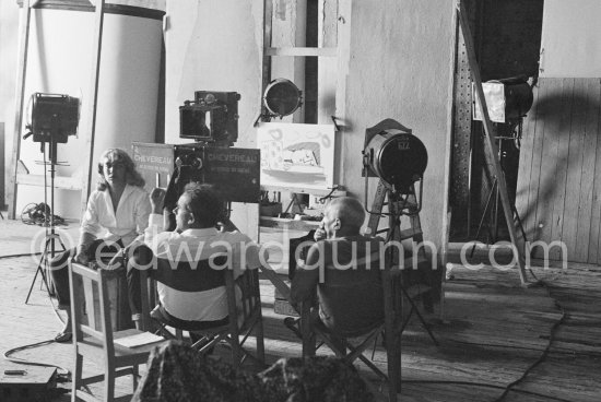 Pablo Picasso, Henri-Georges Clouzot and Maya Picasso. "Le mystère Picasso", Nice, Studios de la Victorine 1955. - Photo by Edward Quinn