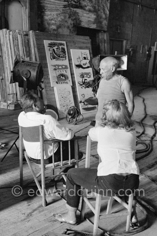 Pablo Picasso, Maya Picasso, Henri-Georges Clouzot. "Le mystère Picasso", Nice, Studios de la Victorine 1955. - Photo by Edward Quinn