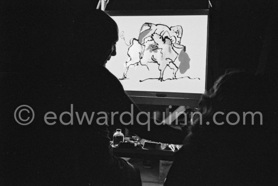 Pablo Picasso during filming of "Le mystère Picasso", Nice, Studios de la Victorine 1955. - Photo by Edward Quinn