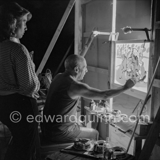 Maya, Clouzot film "Le mystère Picasso”, work on corrida painting - Photo by Edward Quinn