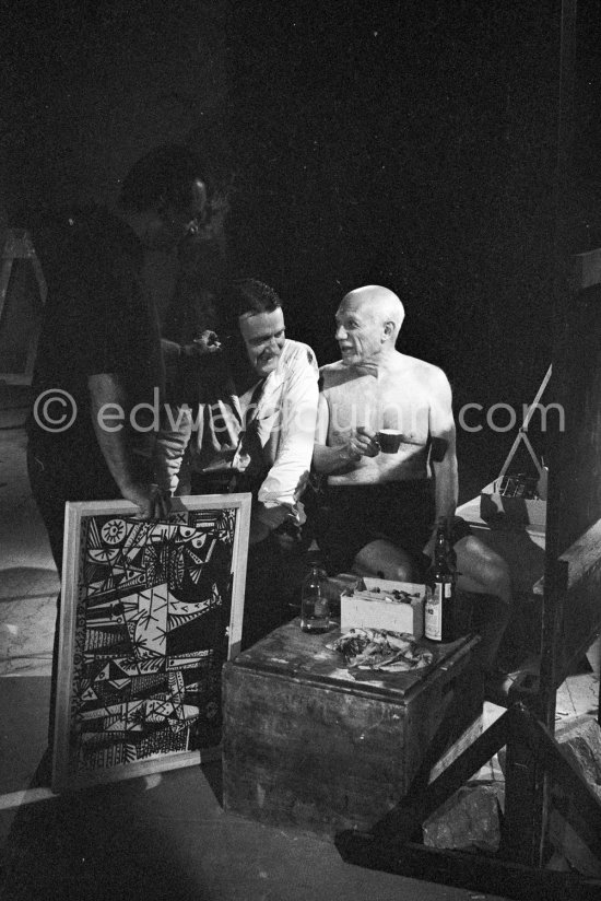 Pablo Picasso, Henri-Georges Clouzot and film music composer Georges Auric. "Le mystère Picasso". Nice, Studios de la Victorine, 1955. - Photo by Edward Quinn