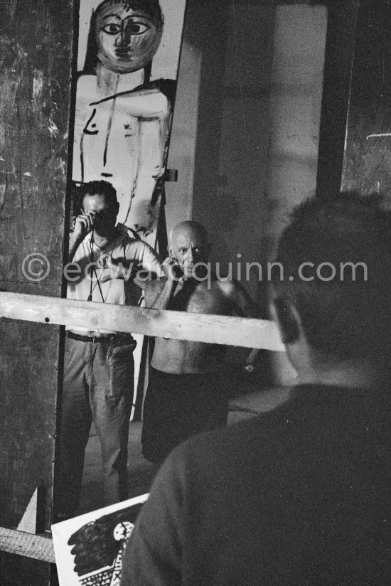 Pablo Picasso the cameraman Renoir and Henri-Georges Clouzot. "Le mystère Picasso". Nice, Studios de la Victorine, 1955. - Photo by Edward Quinn