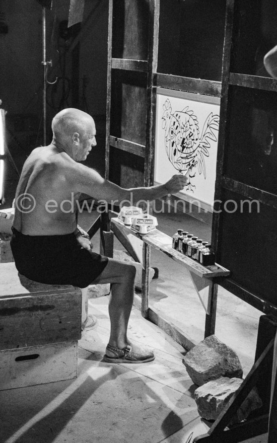 Something begun as a bouquet has become first a fish, then a cock, and finally the head of a faun. Pablo Picasso at work during filming of "Le mystère Picasso". Nice, Studios de la Victorine, 1955. - Photo by Edward Quinn