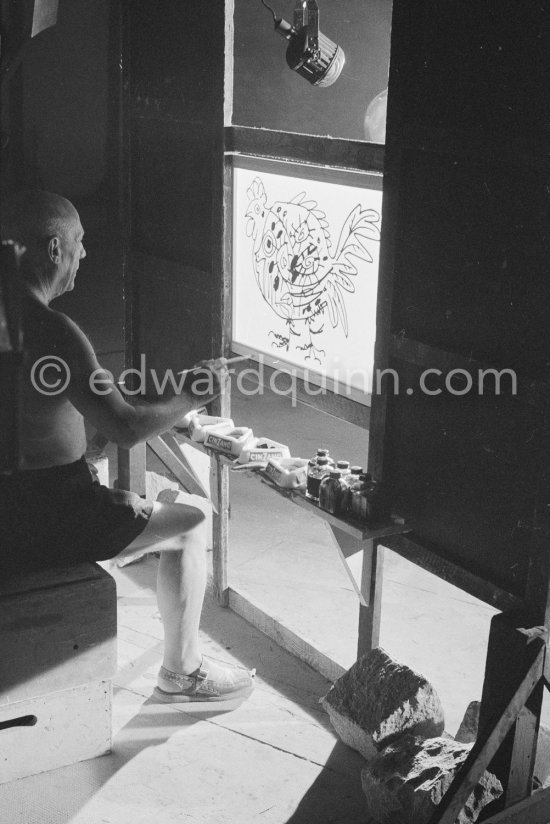 Something begun as a bouquet has become first a fish, then a cock, and finally the head of a faun. Pablo Picasso at work during filming of "Le mystère Picasso". Nice, Studios de la Victorine, 1955. - Photo by Edward Quinn