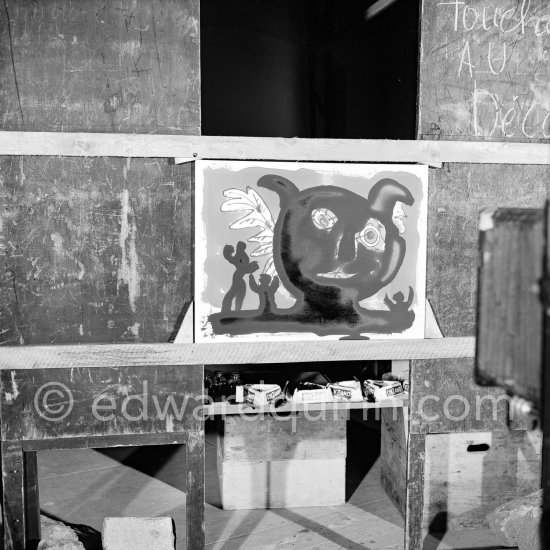 Something begun as a bouquet has become first a fish, then a cock, and finally the head of a faun. "Le mystère Picasso", Nice, Studios de la Victorine 1955. - Photo by Edward Quinn