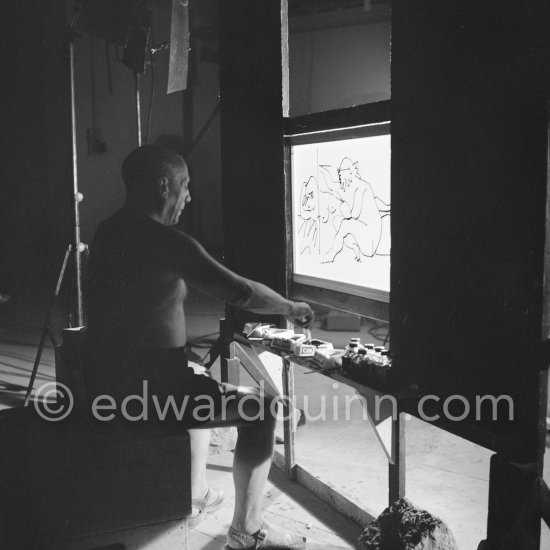 Pablo Picasso at work. "Le mystère Picasso", Nice, Studios de la Victorine 1955. - Photo by Edward Quinn