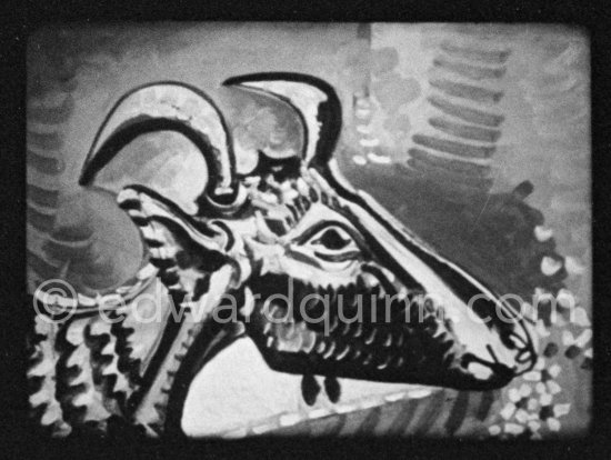 Development of goat painting. "Le mystère Picasso", Nice, Studios de la Victorine 1955. - Photo by Edward Quinn