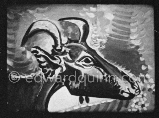 Development of goat painting. "Le mystère Picasso", Nice, Studios de la Victorine 1955. - Photo by Edward Quinn