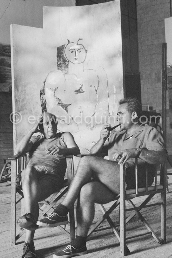 Pablo Picasso and film director Henri-Georges Clouzot. During filming of "Le mystère Picasso", Nice, Studios de la Victorine 1955. - Photo by Edward Quinn