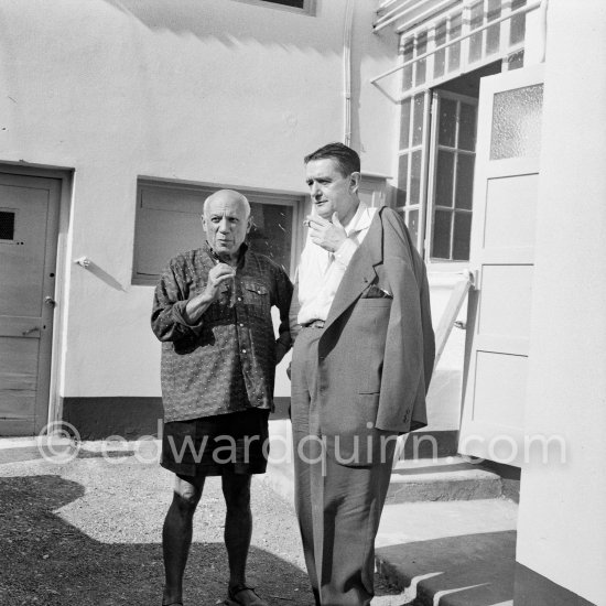 Pablo Picasso and film music composer Georges Auric. The background music of the "Le mystère Picasso" is by Georges Auric, one of his old friends who has become very well-known for his music from "Moulin rouge". On the film set of "Le mystère Picasso", Nice, Studios de la Victorine 1955. - Photo by Edward Quinn