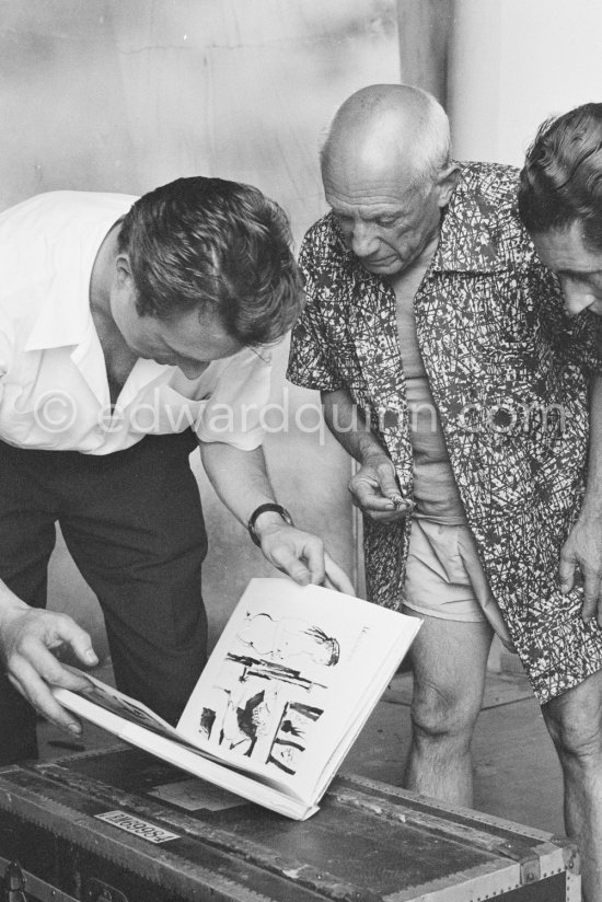 Pablo Picasso viewing a book during filming of "Le mystère Picasso", Nice, Studios de la Victorine 1955. - Photo by Edward Quinn