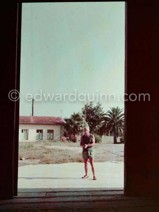 Pablo Picasso on the grounds of the Studios de la Victorine during shooting of "Le mystère Picasso", Nice 1955. - Photo by Edward Quinn