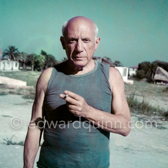 Pablo Picasso on the grounds of the Studios de la Victorine during shooting of "Le mystère Picasso", Nice 1955. - Photo by Edward Quinn