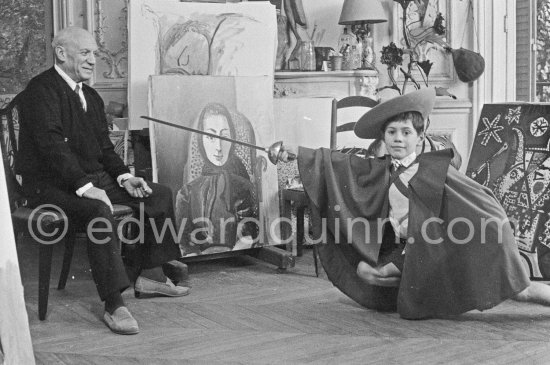 Pablo Picasso with Claude Picasso in "swashbuckler" ("cap et épée") dress. La Californie, Cannes 1955. - Photo by Edward Quinn