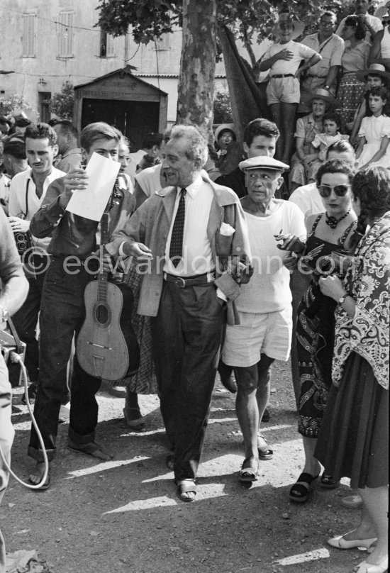 Pablo Picasso, Jean Cocteau and Jacqueline on the way to the corrida put on in Pablo Picasso\'s honor. Vallauris 1955. - Photo by Edward Quinn