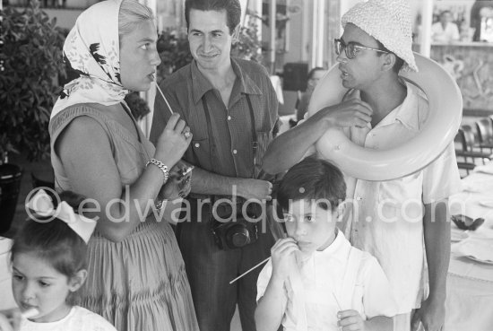 Maya Picasso, Paloma Picasso and Claude Picasso with friends before the local corrida at Vallauris 1955. - Photo by Edward Quinn