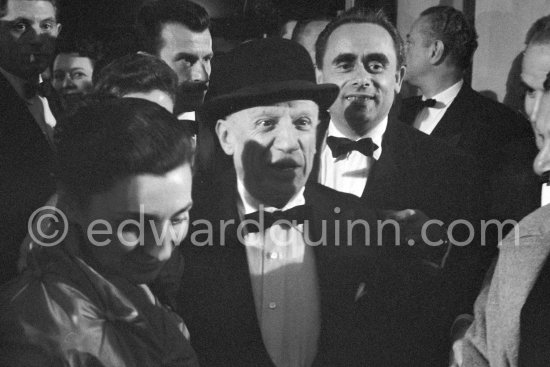 Pablo Picasso, Jacqueline, Henri-Georges Clouzot attending the showing of "Le mystère Picasso". Cannes Film Festival 1956. - Photo by Edward Quinn