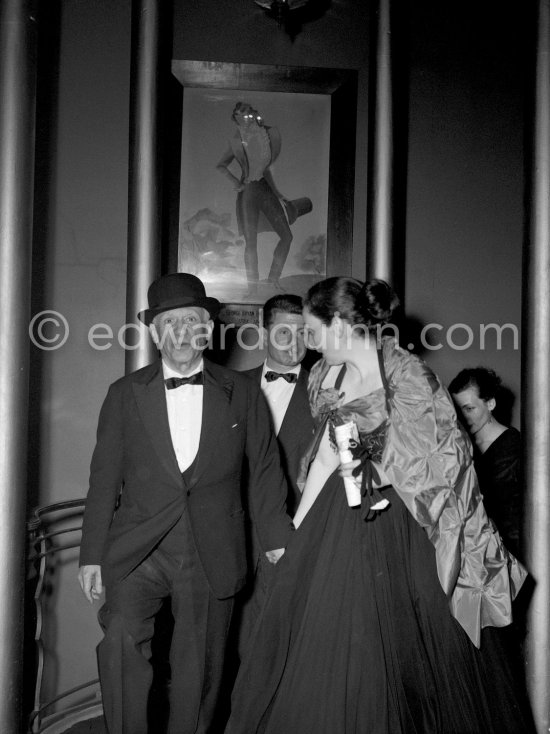 Pablo Picasso, Paulo Picasso and Jacqueline attending the showing of "Le mystère Picasso". Cannes Film Festival 1956. - Photo by Edward Quinn