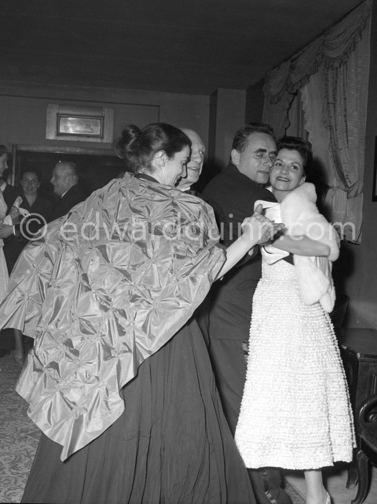 Pablo Picasso, Jacqueline, Henri-Georges Clouzot and Vera Clouzot attending the showing of "Le mystère Picasso". Cannes Film Festival 1956. - Photo by Edward Quinn