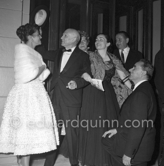 Vera Clouzot, Pablo Picasso, Jacqueline and film director Henri-Georges Clouzot (from left) attending the showing of "Le mystère Picasso". Cannes Film Festival 1956. - Photo by Edward Quinn