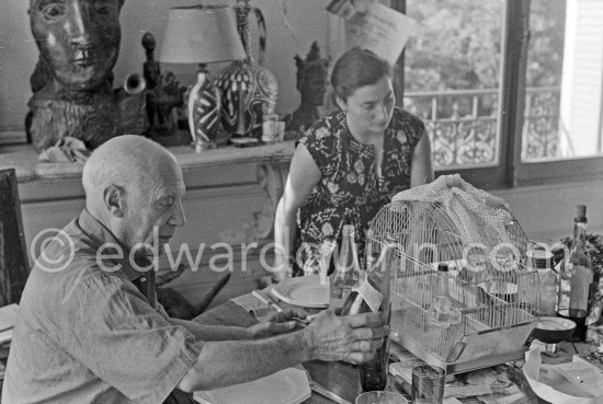 Pablo Picasso and Jacqueline. Luncheon at the dining and work table. Jacqueline is wearing a dress with printed motifs of a Pablo Picasso work. La Californie, Cannes 1956. - Photo by Edward Quinn