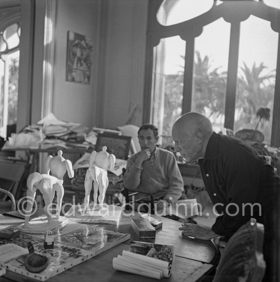 Pablo Picasso and French painter and writer André Verdet, examinig two plasters of "Centaure". La Californie, Cannes 1956. - Photo by Edward Quinn