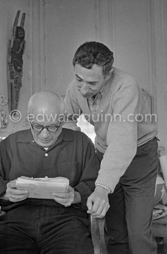 Pablo Picasso and French painter and writer André Verdet, examinig a plaster of "Centaure" (No. 336) sculpture. La Californie, Cannes 1956. - Photo by Edward Quinn