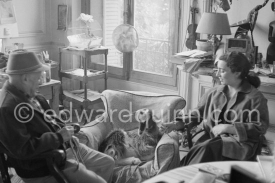 Pablo Picasso and Jacqueline Roque with the goat Esmeralda at Christmas 1956. She was a Christmas present from Jacqueline. "La Californie, Cannes" 1956. - Photo by Edward Quinn