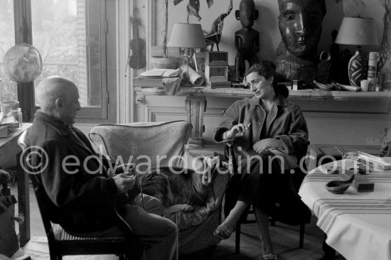 Pablo Picasso and Jacqueline with the goat Esmeralda at Christmas 1956. She was a Christmas present from Jacqueline. La Californie, Cannes 1956. - Photo by Edward Quinn