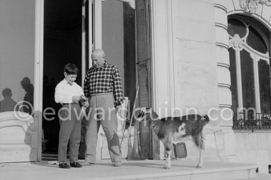 Pablo Picasso at Christmas with Esmeralda, the goat he received from Jacqueline. Claude Picasso with his Christmas present, a toy Citroën DS. La Californie, Cannes 1956. - Photo by Edward Quinn