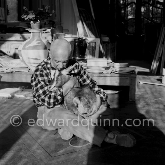 Pablo Picasso with the goat Esmeralda at Christmas 1956. She was a Christmas present from Jacqueline. La Californie, Cannes 1956. - Photo by Edward Quinn