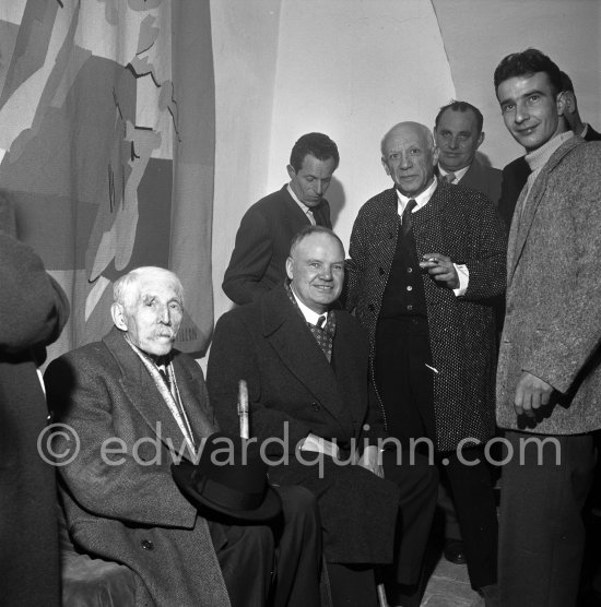 Pablo Picasso, Honorary Citizen of Antibes, with far left Marcel Cachin, editor of the newspaper L\'Humanité and Maurice Thorez. Antibes 25.2.1957. - Photo by Edward Quinn