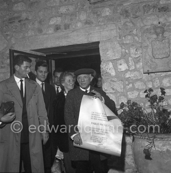 Pablo Picasso is Honorary Citizen of Antibes. Left Paulo Picasso, behind Pablo Picasso Blanche, wife of Dor de la Souchère. Château d\' Antibes 25.2.1957. (Document of 23.8.1956) - Photo by Edward Quinn